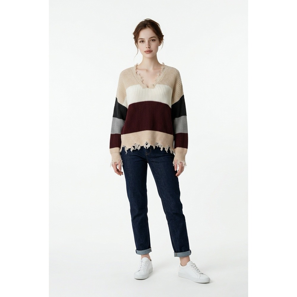 Rewind Women's Striped Distressed V-Neck Sweater Burgundy Cream Lg Grunge Boho